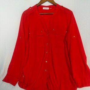Calvin Klein Red Blouse L XL Roll Tab Sleeves Button Front Workwear
